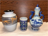20th C. Asian Vase & Brush Pot & Ewer