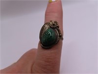early Pawn Sterling Green Stone Feather 7.25 Ring