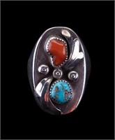 Native American Sterling Turquoise and Coral Ring