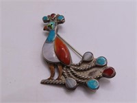 Pawn Sterling 2" Peacock Inlaid Stone Pin