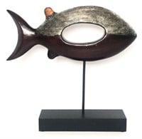 Painted Wood Fish Sculpture on Stand