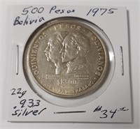 1975 Bolivia 500 Peso .933 Silver 22g