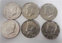6 Kennedy Half Dollars 1965-1968 40% Silver