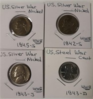 Lot of 4 War Nickels and Cent