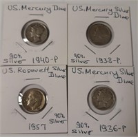 Lot of 4 Silver Mercury Dimes 1936-1957