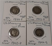 Lot of 4 Silver War Mercury Dimes 1942-1944