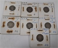 Lot of 7 Silver Barber Dimes