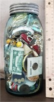 Vintage Jar Full of Jewelry Marbles, Coins Etc