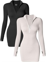 QQ Women's 2 Piece Dresses Sexy Ribbed Zip Front