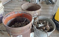 3 BUCKETS AND CONTENTS- HARDWARE- AND HAY HOOK -
