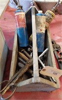 VINTAGE WOODEN TOOL TOTE AND CONTENTS- PROPANE