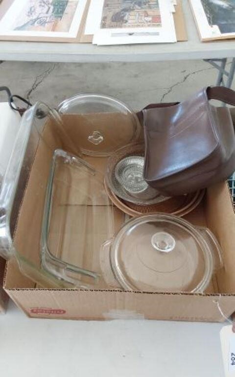 2 PYREX CAKE DISHES AND CONTENTS OF BOX