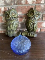 2 Chalkware Owls & Blue Covered Dish
