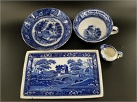 4 Pieces of British blue willow porcelain