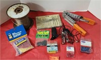 Assorted tools. Butt connectors, reel of wire,