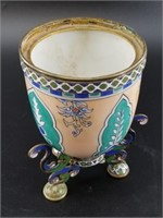Vintage enameled 3 footed vase with brass and enam