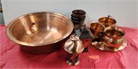 Assorted brass pots, lanterns and large bowl.