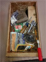 Wood Box w/ Vintage Tools, Door Knobs, Hardware