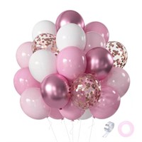 Pink White Rose Party Balloons, 60pcs 12 inch Pink