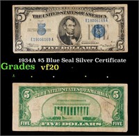 1934A $5 Blue Seal Silver Certificate Grades vf, v