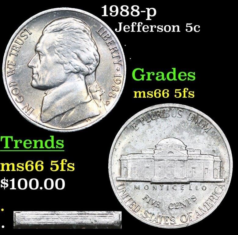 1988-p Jefferson Nickel 5c Grades GEM+ 5fs