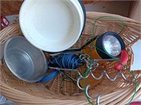 Basket of dog items Tie down bowls and more