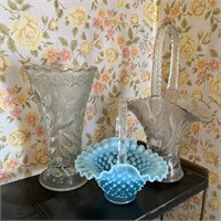 Etched Glass Vase, Basket, Blue Glass Basket
