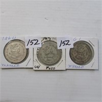 3 - 1961,64, 67 MEXICAN PESO COINS