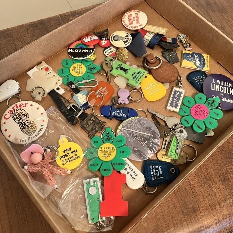 Vintage Political Pins, Key Chains, Asst