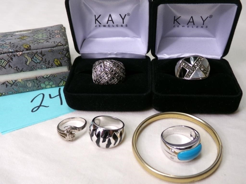 JEWELRY LOT RINGS SOME STERLING & BANGLE BRACELET