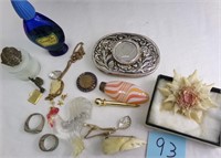 LOT JEWELRY , PERFUME BOTTLES , PINS, FOSSIL ETC.