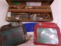 JEWELRY BOX AND CONTENTS COINS/TIE TAC?S/ MORE