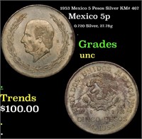 1953 Mexico 5 Pesos Silver KM# 467 Grades Brillian
