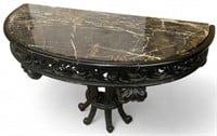 Carved Demilune Marble Top Console Table.