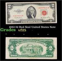 1953 $2 Red Seal United States Note Grades vf+