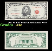1963 $5 Red Seal United States Note Grades xf