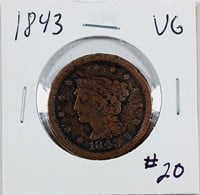 1843  Large Cent   Vg