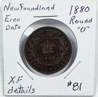 1880 Round O  Newfoundland  One Cent  XF-details
