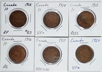 Lot of 6  Canada  Large Cents  1912-1920  VF-Unc
