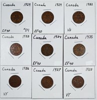 Lot of 9  Canada  Small Cents  1929-1937