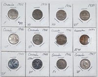 Lot of 12  Canada  5 Cents   1932 - 1947