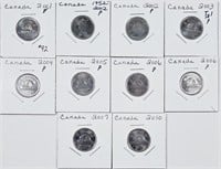 Lot of 10  Canada  5 Cents   2001 - 2010