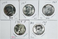 Lot of 5  40 % silver Kennedy Half Dollars