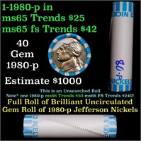 BU Shotgun Jefferson 5c roll, 1980-p 40 pcs Bank $