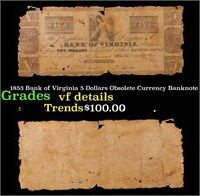1853 Bank of Virginia 5 Dollars Obsolete Currency