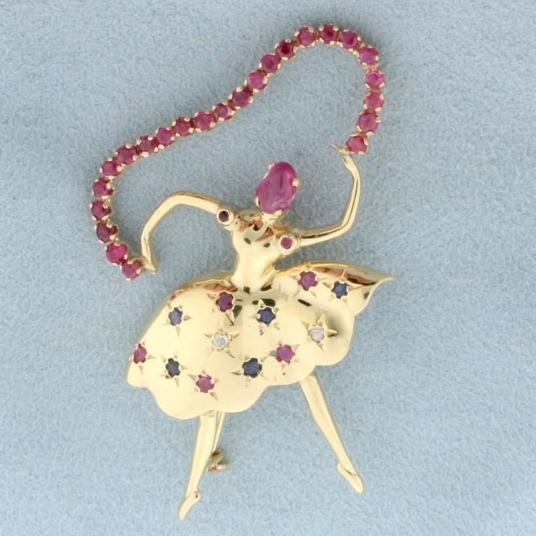 Dancer Pin with Ruby, Sapphire, and Diamonds in 14