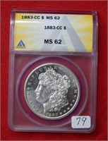 1883 CC Morgan Silver Dollar ANACS MS62