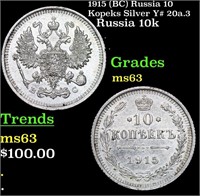 1915 (BC) Russia 10 Kopeks Silver Y# 20a.3 Grades