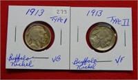 (2) 1913 Buffalo Nickels - Type 1 & Type 2