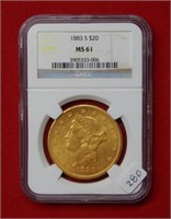 1883 S $20 Gold Coin NGC MS61